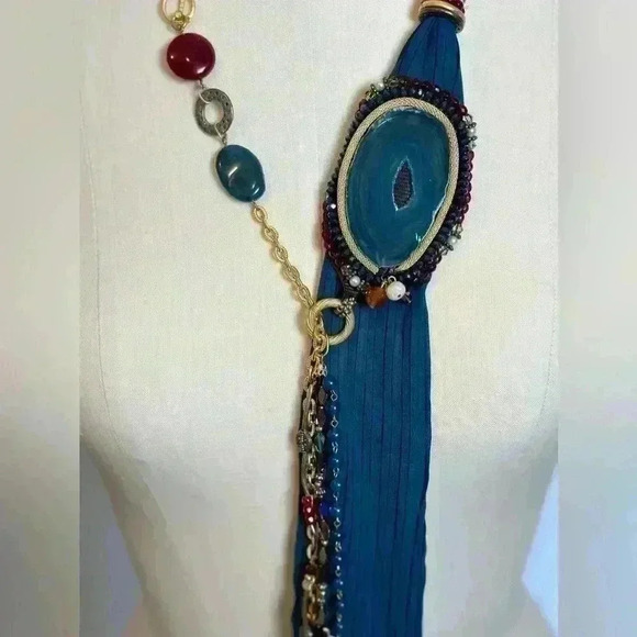 Vintage Stunning Handmade Agate Blue Polish Stone Scarf Necklace - Picture 2 of 13